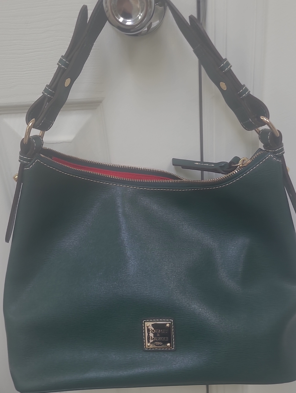 Dooney & Bourke Dark Green Leather Shoulder Bag with Red Trim
